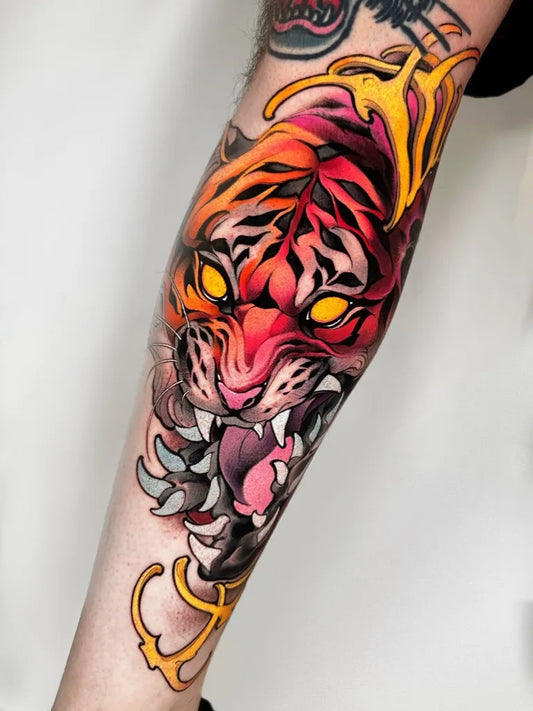 Big New School Tiger Tattoo on Men Arm by @matteo_leozappa