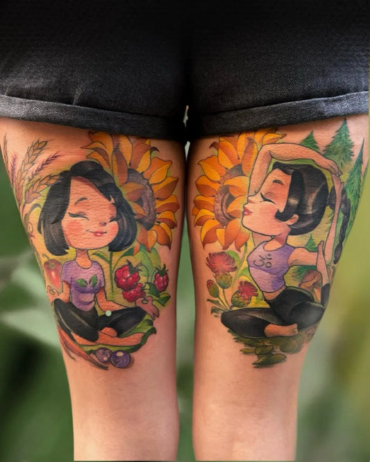 Big New School Two Women Yoga with Sunflowers Tattoo on Women Legs by @petjaevlogieva
