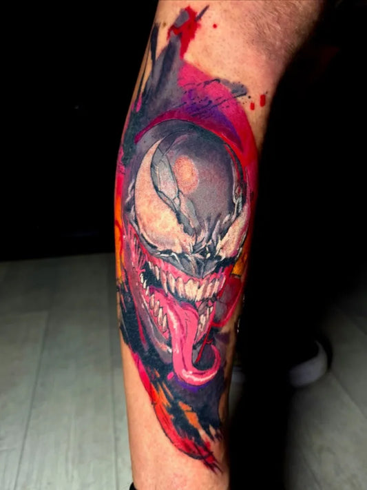 Big New School Venom Head Tattoo on Men Leg by @sheveldin_tattoo