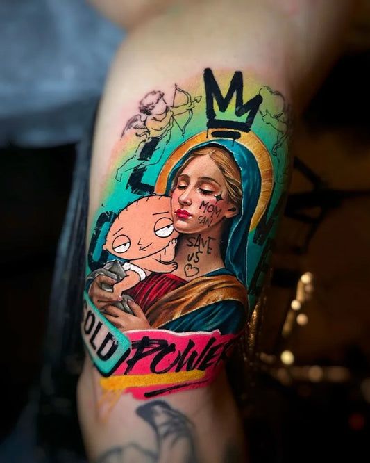 Big New School Virgin Mary with Peter Griffin and Crown Tattoo on Women Thigh by @edenbodyartstudios