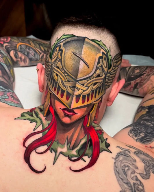Big New School Warrior Woman with Laurel Helmet Tattoo on Men Head by @neotradtattz