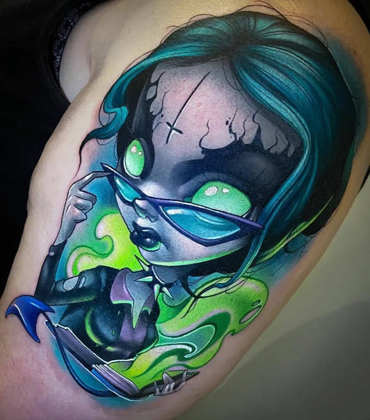 Big New School Witch Girl with Green Glow Tattoo on Women Arm by @unluckyc