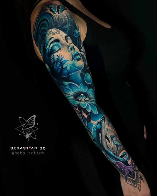 Big New School Woman Portrait with Flowers and Butterflies Spiritual Tattoo on Women Arm by @seba_tattoo