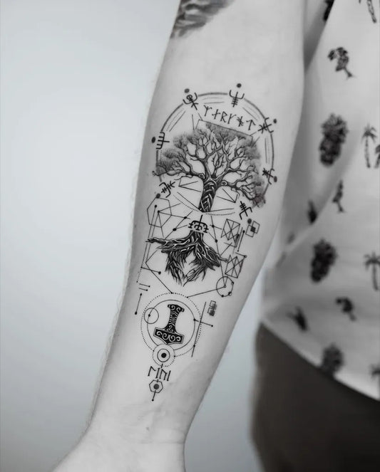 Big Nordic Yggdrasil Thor Mjolnir on Men Forearm Tattoo by @felix_tattoo_