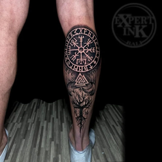 Big Norse Vegvisir and Valknut on Men Leg Tattoo by @expert_inkbali