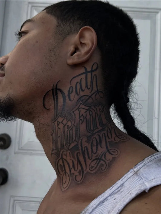 Big Old English Death Before Dishonor on Men Neck Tattoo by @suavecita.gee