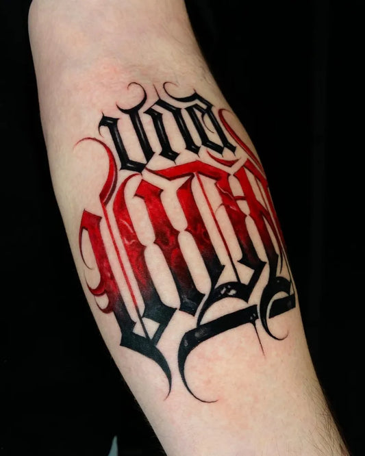 Big Old English Text on Men Forearm Tattoo by @stillballin6_