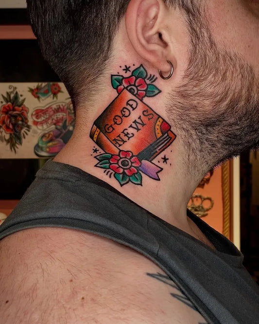 Big Old School Good News Book with Flowers on Men Neck Tattoo by @tugceturksoytattooer
