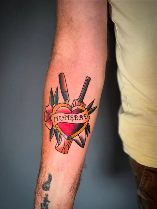 Big Old School Heart Dagger Mom Dad on Men Arm Tattoo by @waynestofbergtattooer