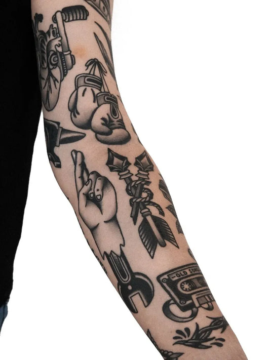 Big Old School Hockey Stick Wrench Heart on Men Arm Sleeve Tattoo by @lejla_tattoo