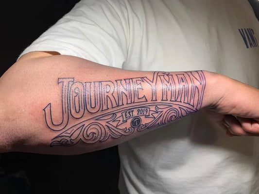 Big Old School Journeyman Text on Men Forearm Tattoo by @venomdaddy