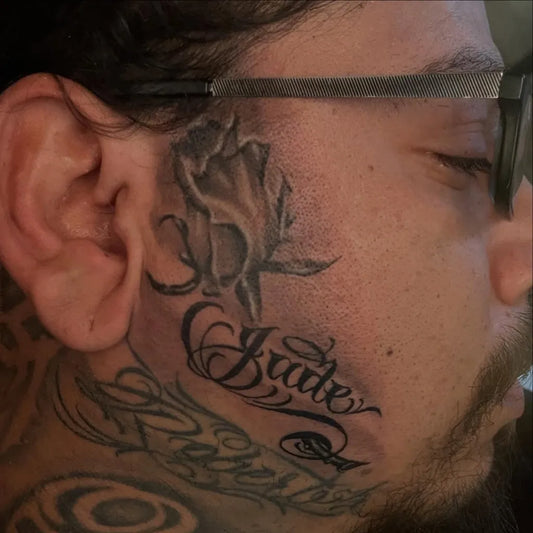 Big Old School Rose Skull Blade on Men Face Tattoo by @marcosochoa_07tattoos