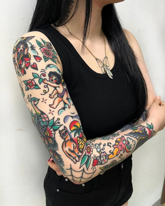 Big Old School Roses Cherub Peacock on Women Arm Sleeve Tattoo by @redliptattoo