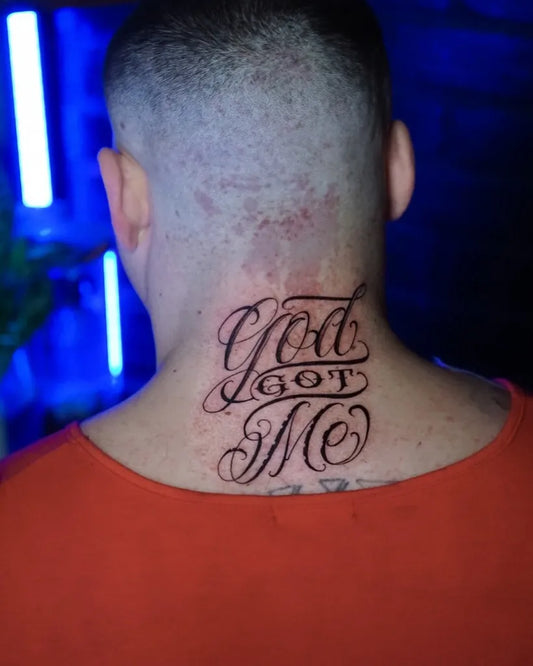 Big Old School Text on Men Neck Tattoo by @chucky_tattoos