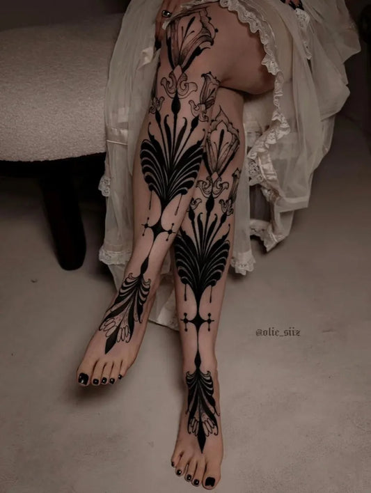 Big Ornamental Floral Leg Patterns Tattoo on Women Leg by @ornamentalika