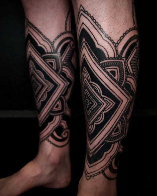 Big Ornamental Geometric Mandala Tattoo on Men Legs by @tildeathdenver