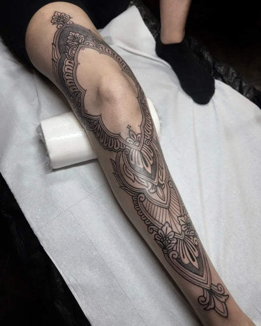 Big Ornamental Mandala Frame Tattoo on Women Thigh by @danadb.tattooing