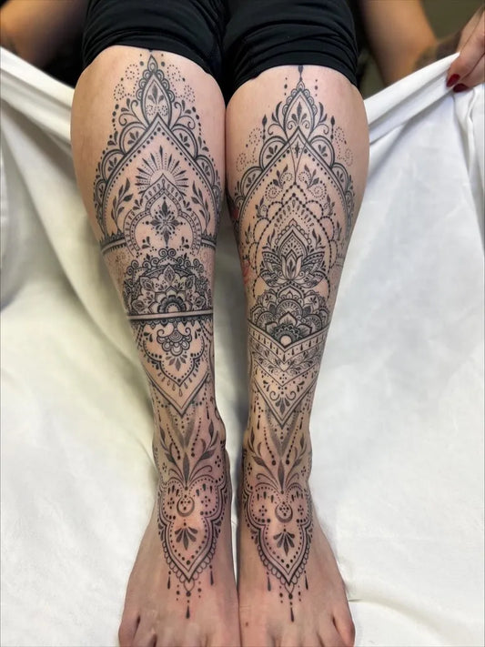 Big Ornamental Mandala Leg Tattoo on Women Legs by @josefineirene