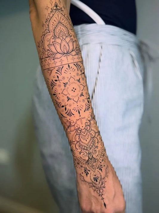 Big Ornamental Mandala Lotus Tattoo on Women Arm by @llipe.lopes