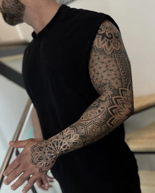 Big Ornamental Mandala Sleeve Tattoo on Men Arm by @vitallblack