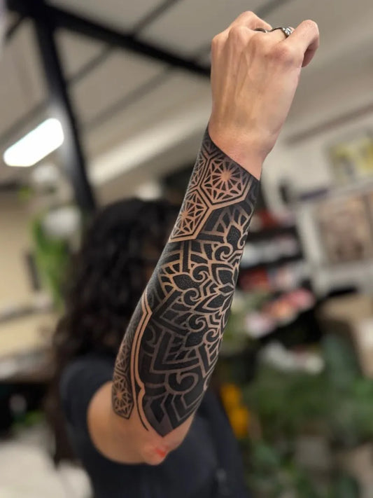 Big Ornamental Mandala Sleeve Tattoo on Women Arm by @rebecca_zombie_tattoo