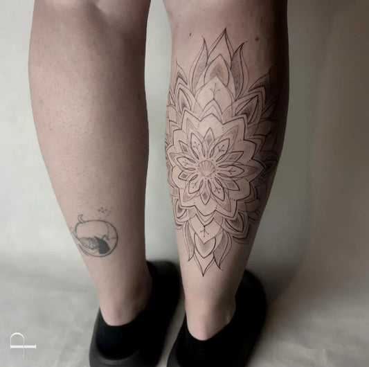 Big Ornamental Mandala Tattoo on Women Leg by @pergamintattoo