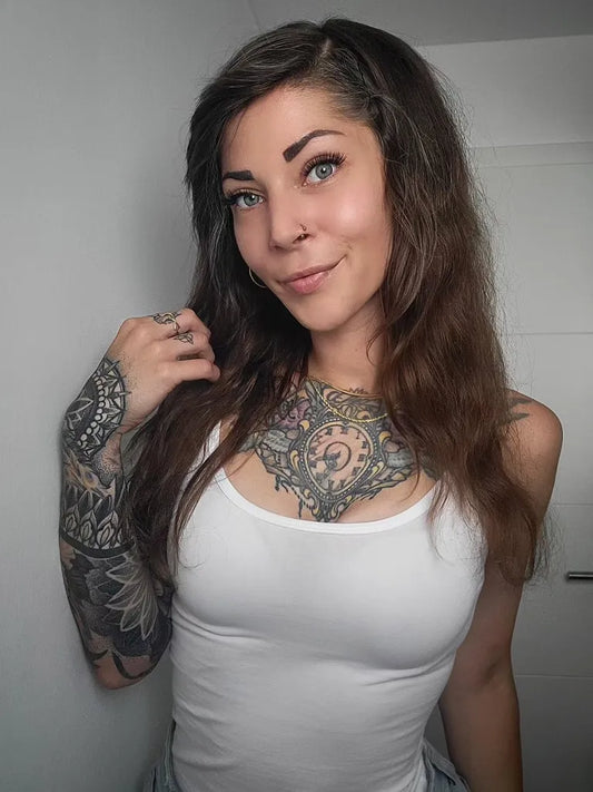 Big Ornate Clockwork on Women Chest Tattoo by @fussel_anna