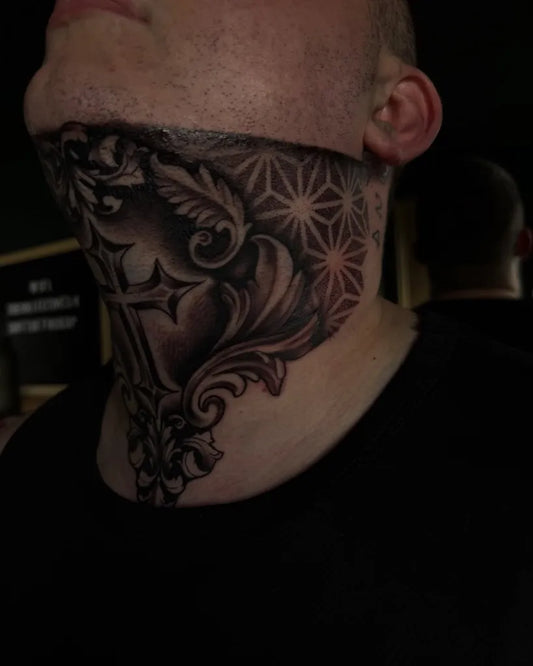 Big Ornate Cross with Floral and Star Motifs on Men Neck Tattoo by @totallyradinkulous
