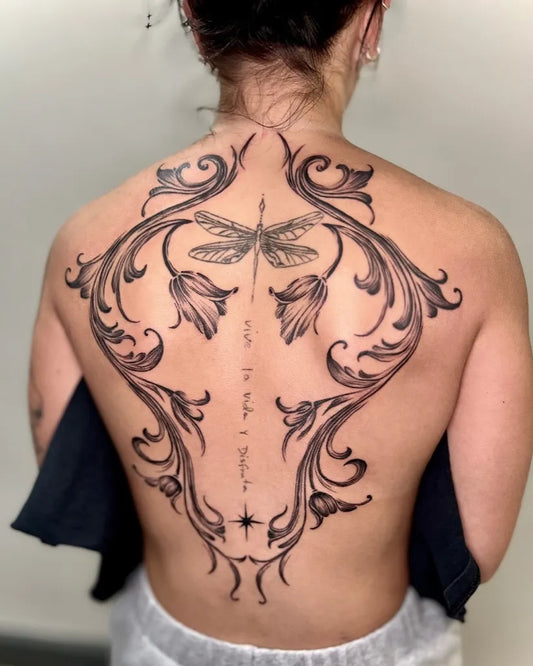 Big Ornate Dragonfly on Women Back Tattoo by @ink.malena