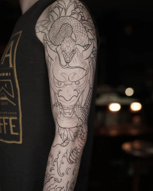 Big Outline Hannya Mask Snake Flowers Tattoo on Men Arm by @redtail_tattoo