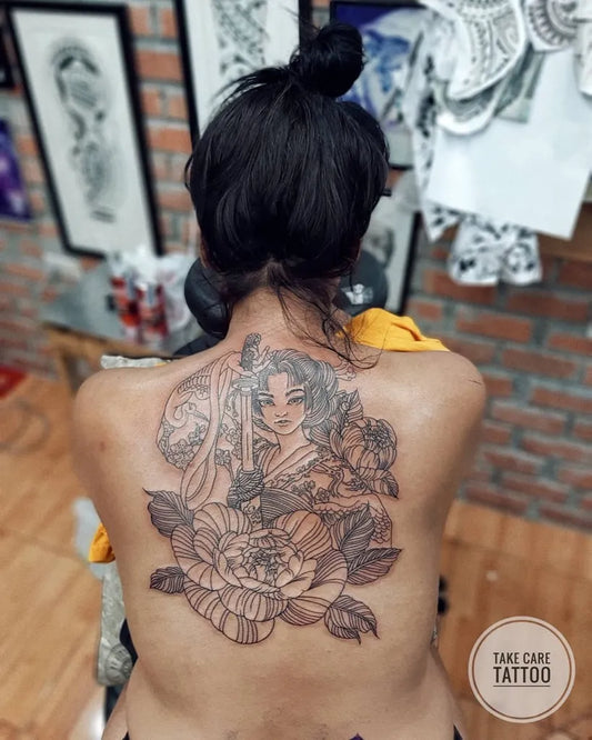 Big Outline Woman with Sword and Peonies Tattoo on Women Back by @tat225.hr