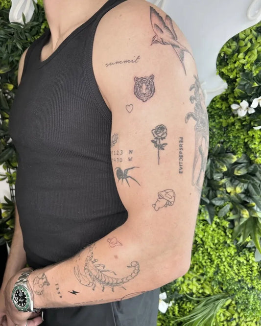 Big Patchwork Bird Tiger Rose on Men Arm Tattoo by @georgeg.tattoo