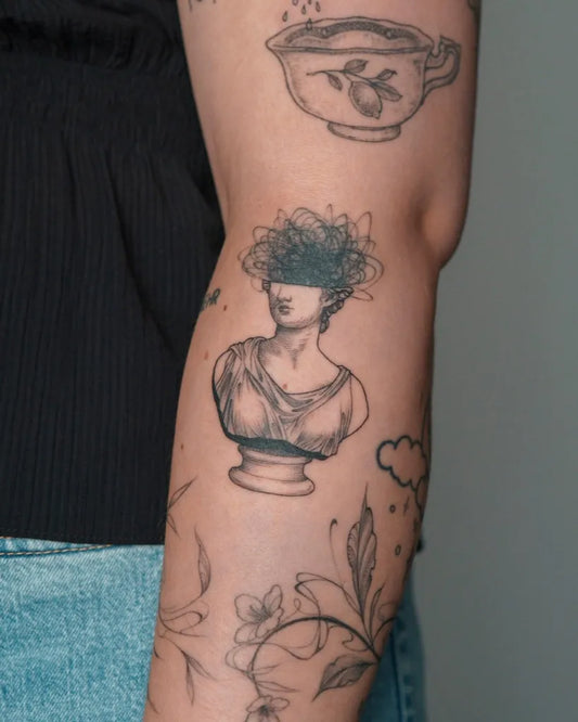 Big Patchwork Bust with Teacup and Flowers on Women Arm Tattoo by @nurburgink