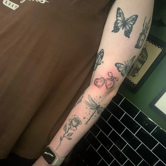 Big Patchwork Butterflies Dragonfly Roses on Women Arm Tattoo by @fat.lawrence