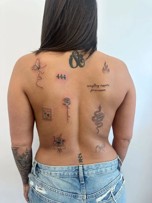 Big Patchwork Butterfly Rose Snake on Women Back Tattoo by @tattooonthemoon