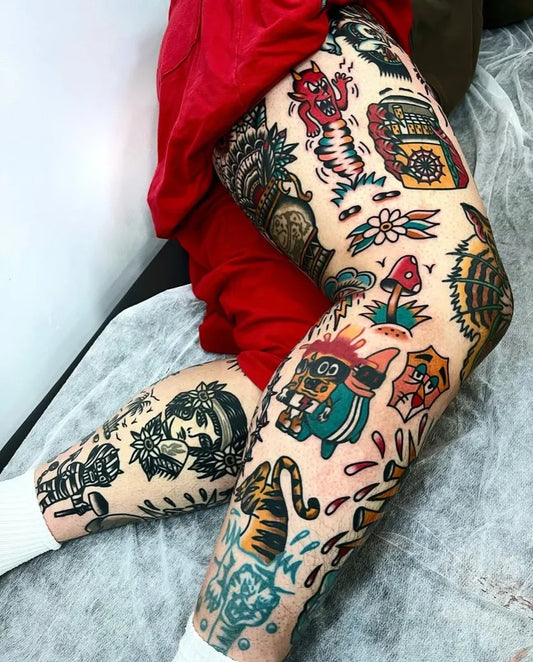 Big Patchwork Demon Mushroom Tiger on Women Leg Tattoo by @oldschooltattz