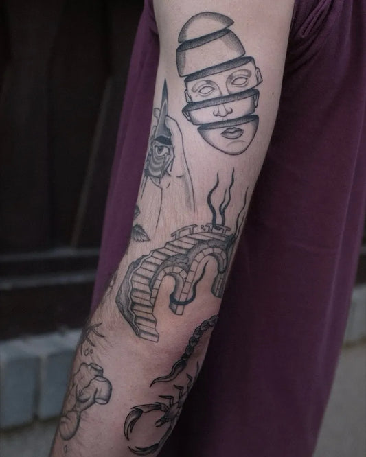 Big Patchwork Fragmented Face Scorpion Stairs on Men Arm Tattoo by @rozalie_tetuje