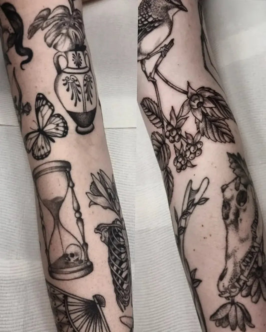 Big Patchwork Hourglass Bird Flowers on Women Arm Tattoo by @_lydiaohlydia