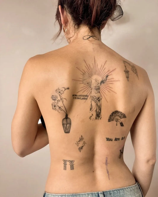 Big Patchwork Infinity Symbol Angel Statue Flowers on Women Back Tattoo by @littlemiketattoo