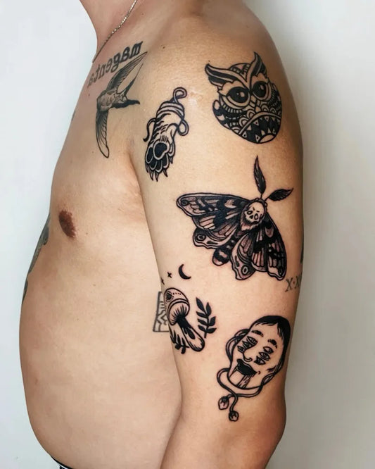 Big Patchwork Moth Owl Skull on Men Arm Tattoo by @senimemori.tattoo