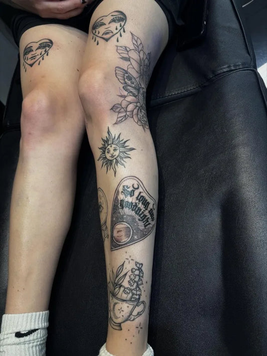 Big Patchwork Ouija Board Heart Floral on Women Leg Tattoo by @alexmtattoos