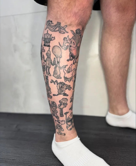 Big Patchwork Peanuts Characters on Men Leg Tattoo by @negz.tattz