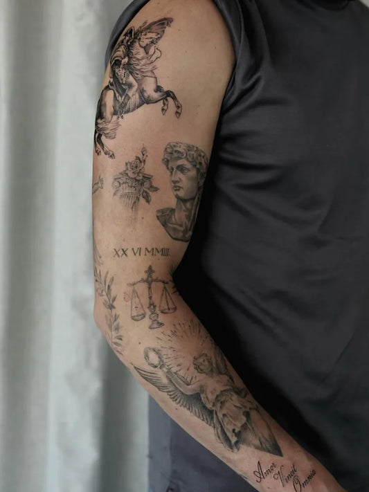 Big Patchwork Pegasus Statue Scales on Men Arm Tattoo by @chris_roelofs