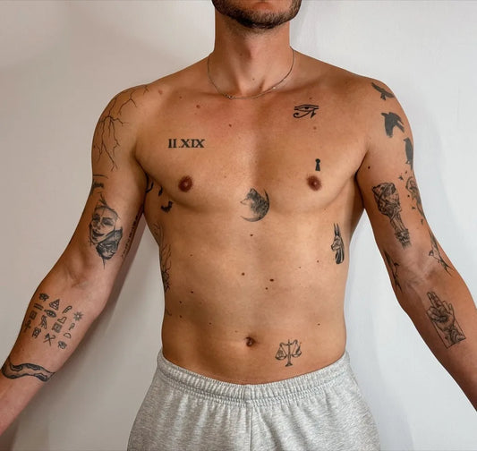Big Patchwork Roman Numerals Eye of Horus Scales on Men Torso and Arms Tattoo by @gronink.nl
