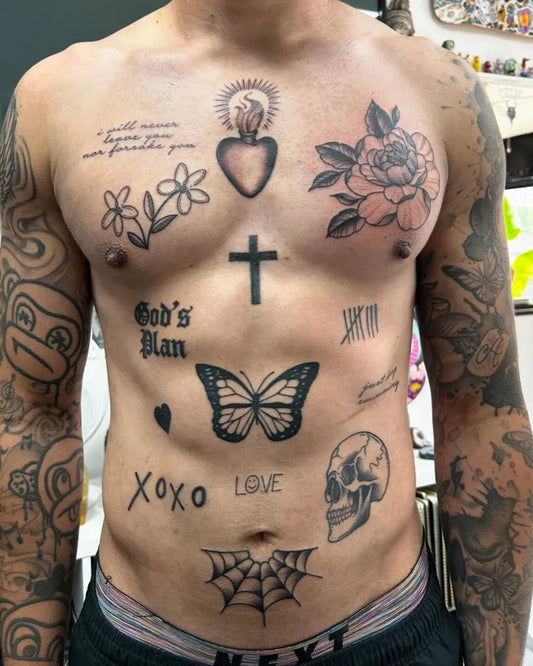 Big Patchwork Sacred Heart Cross Butterfly on Men Torso Tattoo by @eyeforink