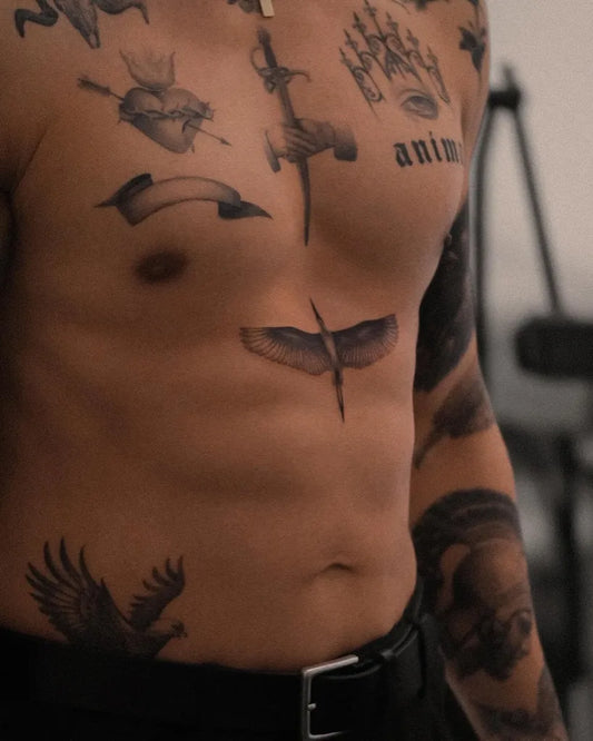 Big Patchwork Sacred Heart Swallow Ship on Men Chest Tattoo by @ego.romantic