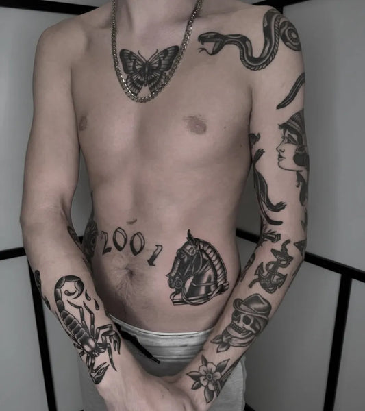 Big Patchwork Scorpion Snake Horse on Men Torso Tattoo by @foxblood