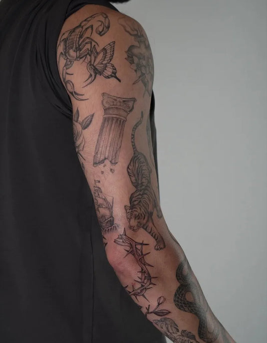 Big Patchwork Scorpion Tiger Greek Column on Men Arm Tattoo by @caventattoo