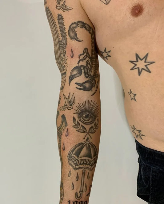 Big Patchwork Scorpion Umbrella Eye on Men Arm Tattoo by @stafford_tattoo