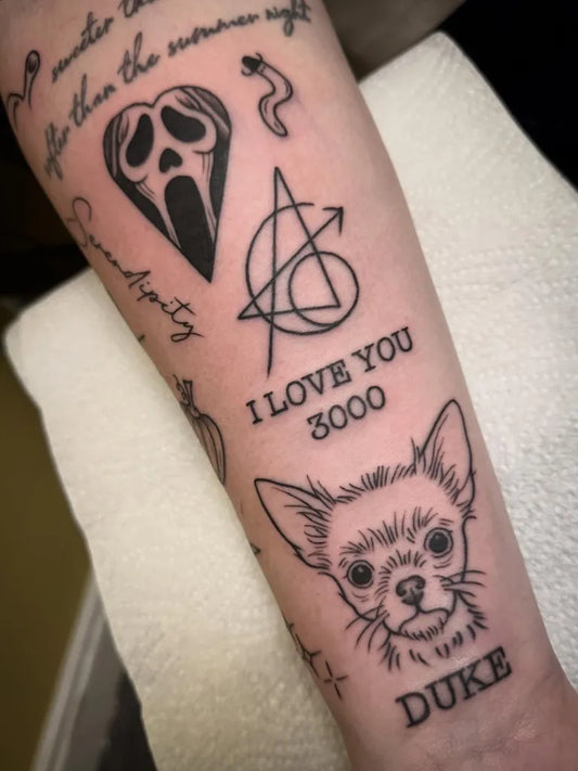 Big Patchwork Scream Heart Avengers Symbol Chihuahua Portrait on Women Arm Tattoo by @l.t.g.tattoos